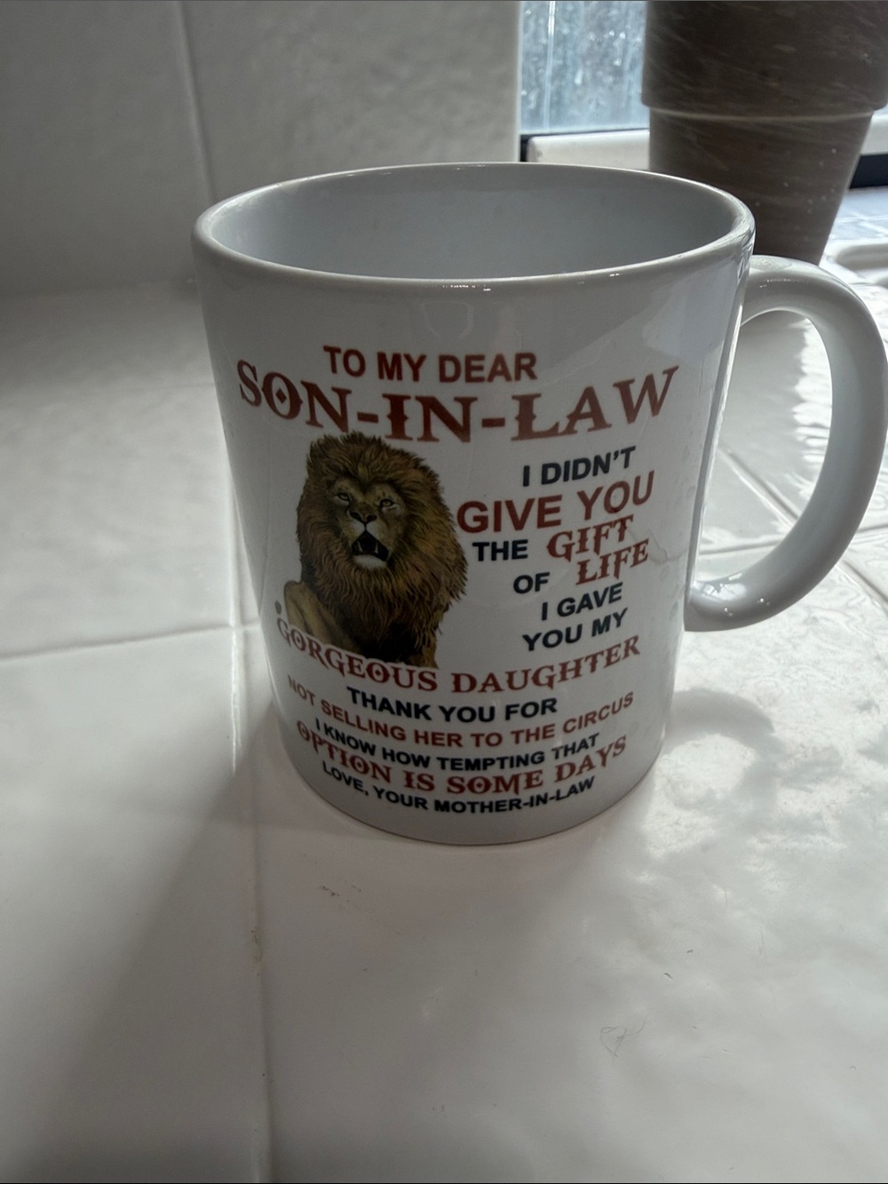 White Ceramic Mug for Son-In-Law with Lion Design